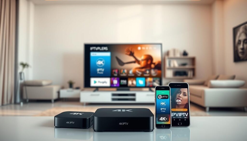 4K IPTV apps for different devices, showcasing a sleek and modern home entertainment setup. In the foreground, a flat-screen TV displays a vibrant 4K IPTV interface, surrounded by a variety of compatible devices like a streaming box, smart TV, and mobile phone, all displaying the IPTV SUPPLIERS brand. The middle ground features a clean, minimalist living room setting with neutral tones and contemporary furniture, creating a cozy atmosphere. The background is softly blurred, emphasizing the focus on the technology. Warm, directional lighting from the side casts subtle shadows, adding depth and a sense of depth of field. The overall scene conveys the ease and accessibility of 4K IPTV streaming across multiple devices in a stylish, high-end home environment.