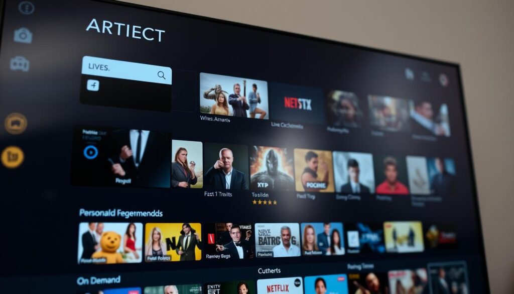 A close-up shot of a modern IPTV subscription interface, showcasing a sleek and intuitive design. The screen displays a diverse array of live TV channels, on-demand content, and personalized recommendations. The layout is clean and organized, with intuitive icons and menus that allow for seamless navigation. Subtle lighting creates a warm, inviting atmosphere, while the use of high-resolution graphics and vibrant colors enhances the overall visual appeal. The scene conveys a sense of effortless accessibility to a vast world of entertainment, perfectly capturing the essence of an enhanced IPTV experience.