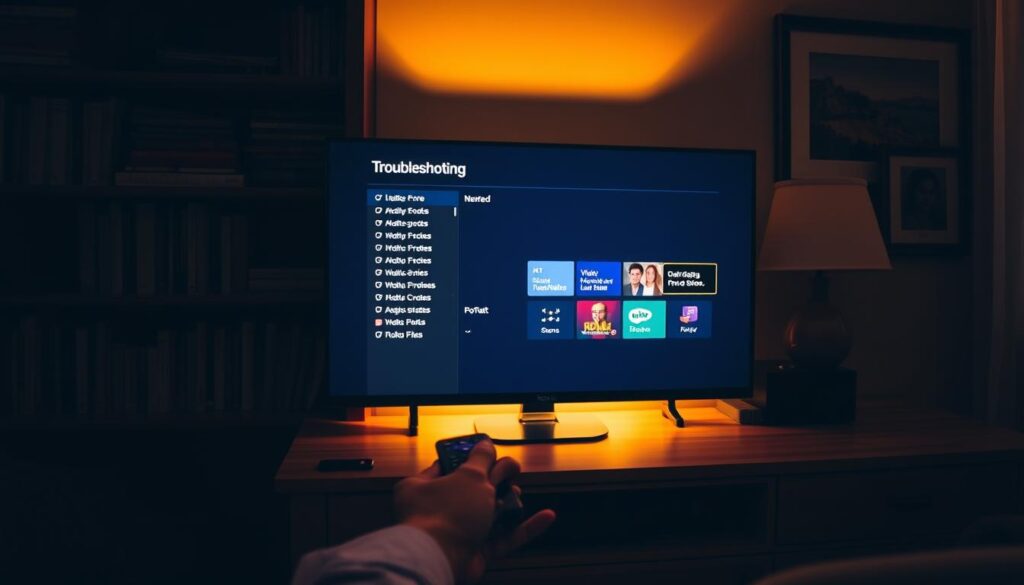 A dimly lit home office with a Roku TV standing on a wooden desk. The TV screen displays a troubleshooting interface, with various menu options and error messages. In the foreground, a person's hands are interacting with the Roku remote, trying to navigate the menus. Soft, warm lighting illuminates the scene, creating a contemplative atmosphere. The background features shelves of books and a framed landscape painting, suggesting an intellectual and cozy environment. The overall composition conveys the challenges of troubleshooting IPTV issues on a Roku TV, with the user actively engaged in problem-solving.