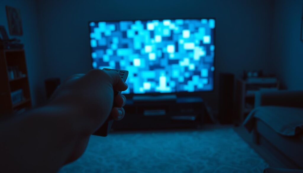 A dimly lit living room, the glow of a television screen casting a faint bluish hue. The image depicts pixelated and distorted video, with blocky artifacts and frequent freezing, conveying the frustration of an IPTV streaming service with quality issues. The foreground shows a person's hand holding a remote control, their expression one of annoyance. The background features a cluttered entertainment center, reflecting the chaotic nature of the subpar streaming experience. The lighting is harsh, with shadows accentuating the imperfections of the screen, creating a sense of tension and disappointment. The overall mood is one of technological frustration, highlighting the common problems users face with unreliable IPTV services.