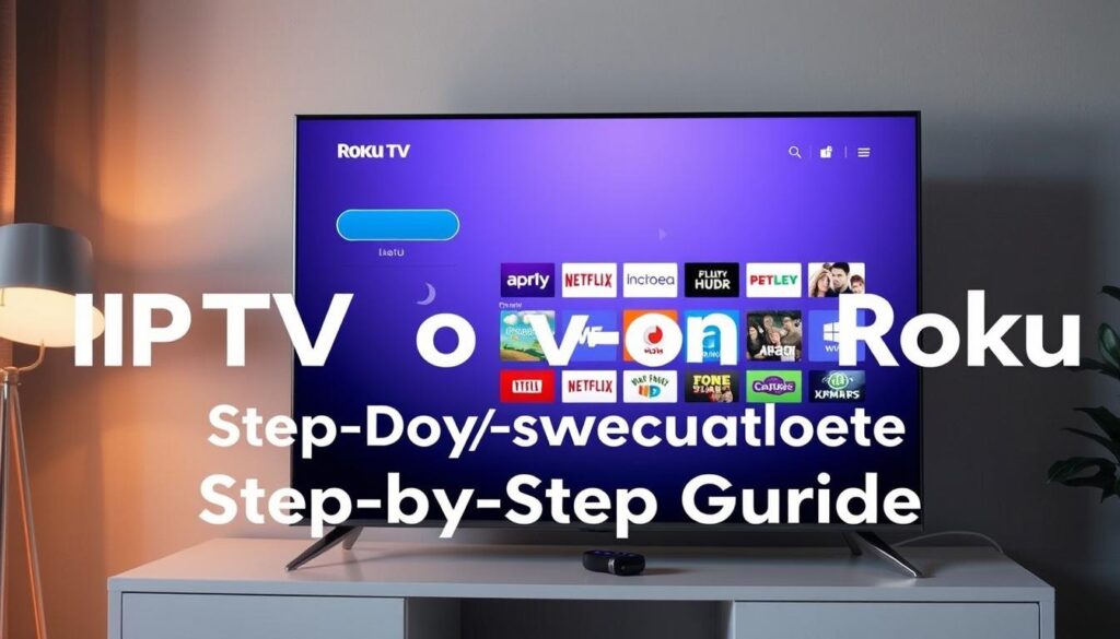 A high-resolution, detailed image of a modern Roku TV displaying the IPTV app interface. The TV is centered in the frame, with a clean, minimalist design. The screen shows the IPTV app's user interface, highlighting the various channels, live TV, and on-demand content available. The TV is placed on a wooden or white entertainment stand, with subtle lighting from a nearby lamp or window casting a warm glow on the scene. The overall atmosphere is calm, modern, and inviting, reflecting the step-by-step guide for installing IPTV on a Roku TV.