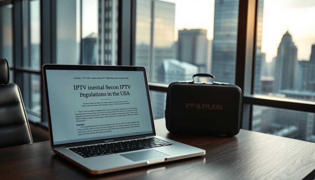 A modern office interior with a large window overlooking a cityscape. On the desk, a laptop displays legal documents related to IPTV regulations in the USA. A briefcase labeled "IPTV SUPPLIERS" rests nearby, hinting at the commercial aspects. Warm, directional lighting illuminates the scene, creating a contemplative atmosphere. The overall composition conveys the intersection of technology, law, and the IPTV industry.