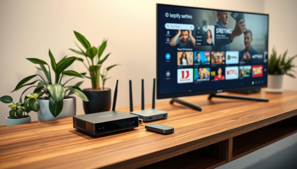 A neatly arranged IPTV streaming setup on a modern wooden desk. In the foreground, a sleek 4K smart TV displaying streaming content. In the middle, a compact media player connected via HDMI, alongside a wireless router and smart home hub. In the background, tasteful houseplants and minimalist decor create a cozy, tech-savvy ambiance. Soft, directional lighting casts a warm glow, highlighting the clean lines and premium materials of the setup. The overall impression is one of seamless, high-quality home entertainment that effortlessly integrates with smart home technology.