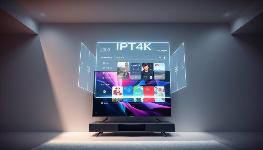 A sleek, futuristic rendering of IPTV4K technology. In the foreground, a modern 4K smart TV displays crisp, vibrant visuals. Floating above it, a holographic interface showcases the IPTV4K platform, with intuitive controls and a visually striking display of streaming options. In the background, a minimalist, high-tech environment evokes a sense of advanced, cutting-edge innovation. Soft, directional lighting illuminates the scene, creating depth and a sense of sophistication. The overall atmosphere conveys the seamless, immersive experience of IPTV4K, blending technology and entertainment for the modern home.