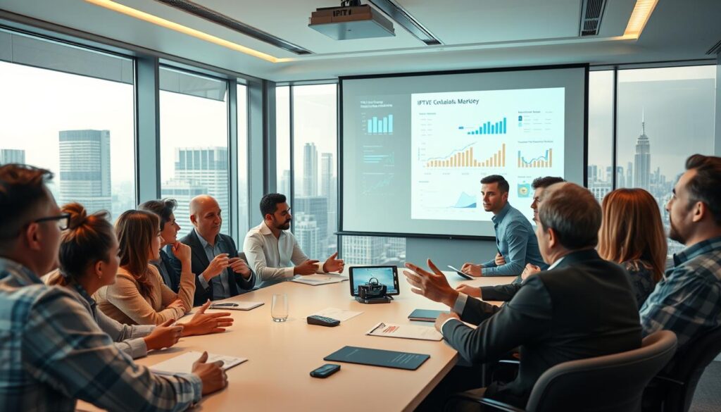A sleek, modern office setting with a team of IPTV providers gathered around a conference table, engaged in animated discussion. The lighting is soft and warm, creating a professional yet inviting atmosphere. In the foreground, a group of diverse individuals - men and women of various ages and ethnicities - are leaning in, gesticulating as they present ideas and strategies. In the middle ground, a large projection screen displays data visualizations and market trends, while the background features floor-to-ceiling windows overlooking a bustling city skyline, symbolizing the dynamic and forward-looking nature of the IPTV industry in the United States.