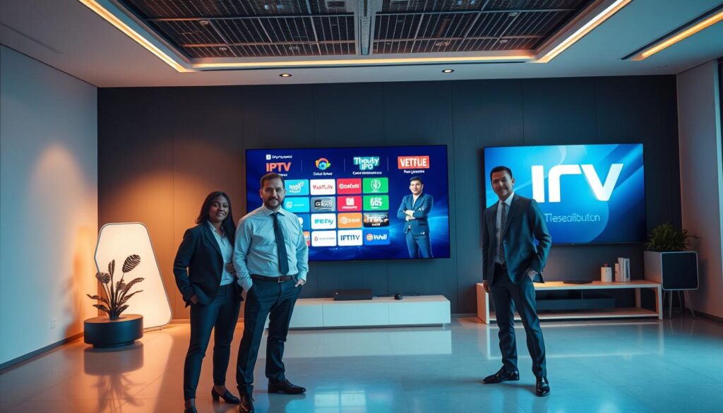 A sleek, modern office setting with three leading IPTV distributors standing prominently in the foreground. The distributors are dressed in professional attire, conveying an air of authority and expertise. Behind them, a large display screen showcases various IPTV packages and services, illuminated by warm, directional lighting. The background features a minimalist, high-tech interior design with clean lines and subtle branding elements, creating a sense of a thriving IPTV industry hub. The overall composition and lighting evoke a feeling of innovation, reliability, and industry leadership.